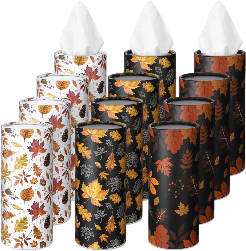 Fourluoo 12 Pack Fall Maple Leaf Tissue Boxes for Car Cylinder Bulk Autumn Round Cylinder Holder with 3 Ply Facial Tissues for Thanksgiving Day Travel Home Bathroom Office Accessories - Image 1